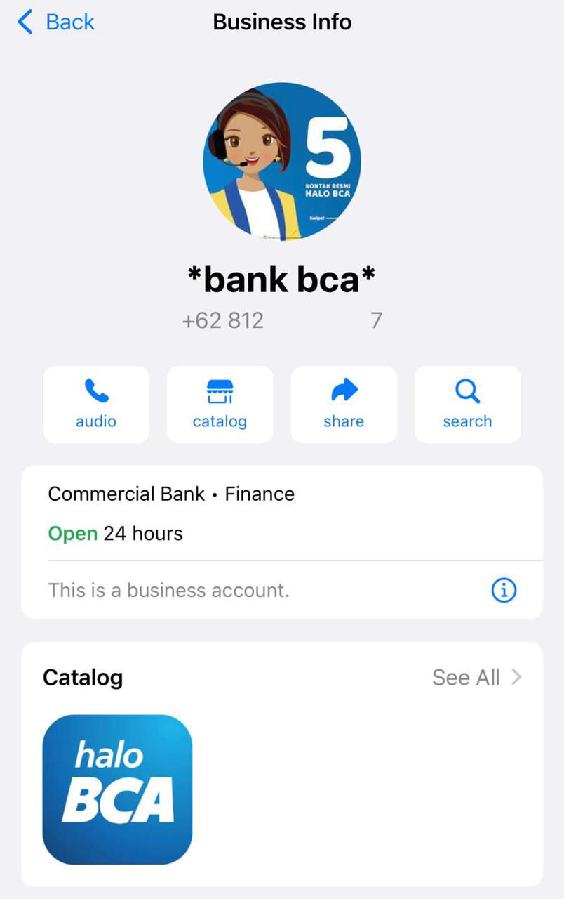 WhatsApp Palsu Mengatasnamakan BCA