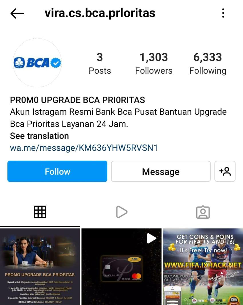 Akun Palsu Mengatasnamakan Customer Service BCA